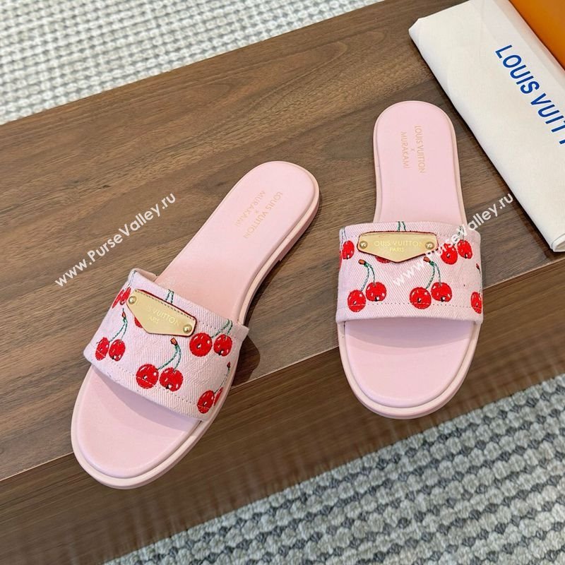 Louis Vuitton LV x TM Lily Flat Slides Sandal in Denim with Luscious Cherry Pink 2025 0607 (MD-250607032)