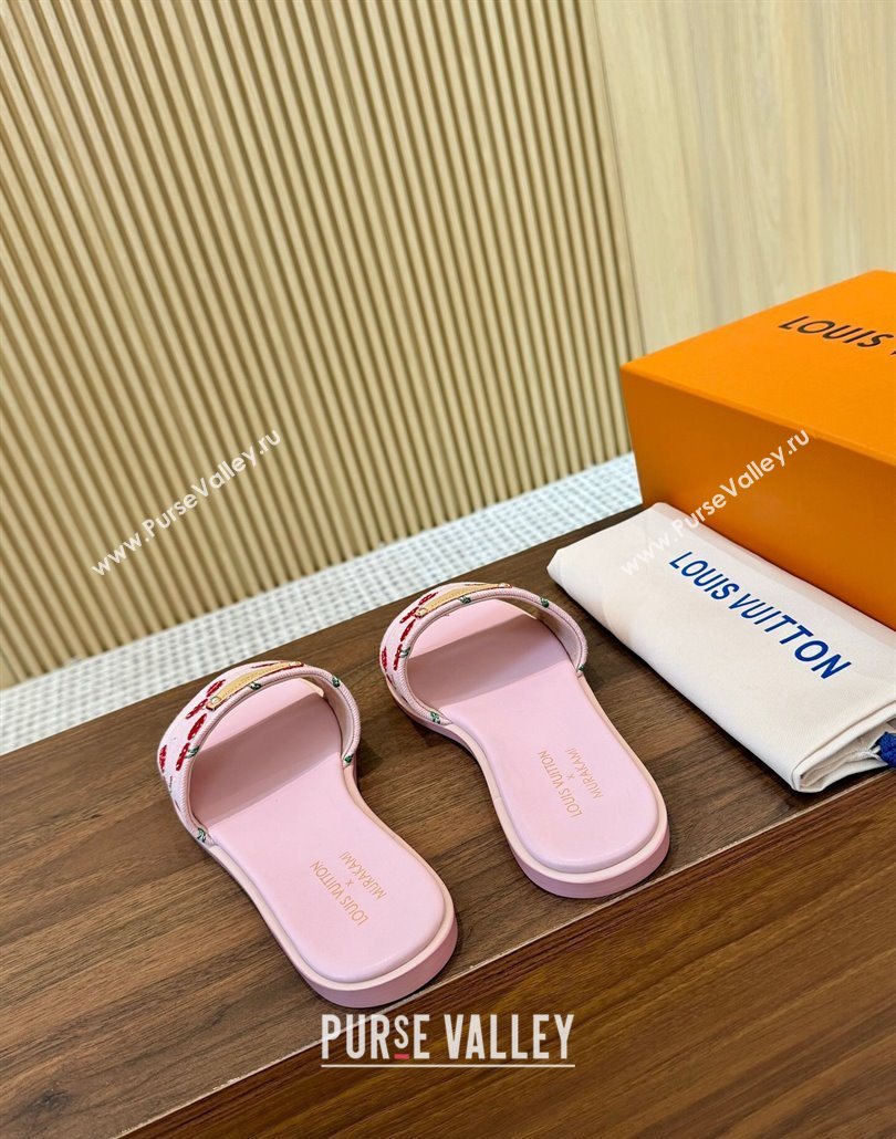 Louis Vuitton LV x TM Lily Flat Slides Sandal in Denim with Luscious Cherry Pink 2025 0607 (MD-250607032)