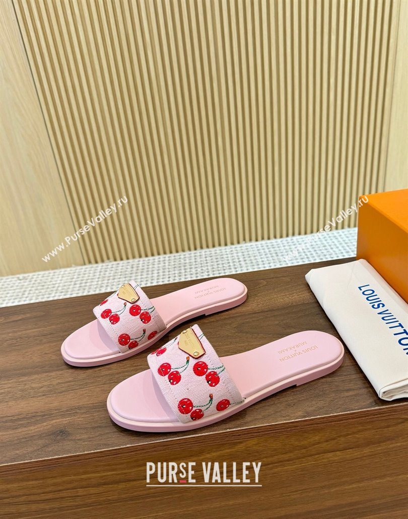 Louis Vuitton LV x TM Lily Flat Slides Sandal in Denim with Luscious Cherry Pink 2025 0607 (MD-250607032)