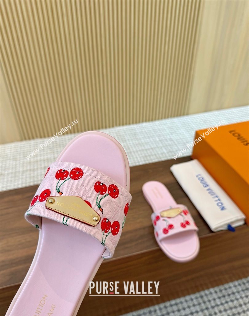 Louis Vuitton LV x TM Lily Flat Slides Sandal in Denim with Luscious Cherry Pink 2025 0607 (MD-250607032)