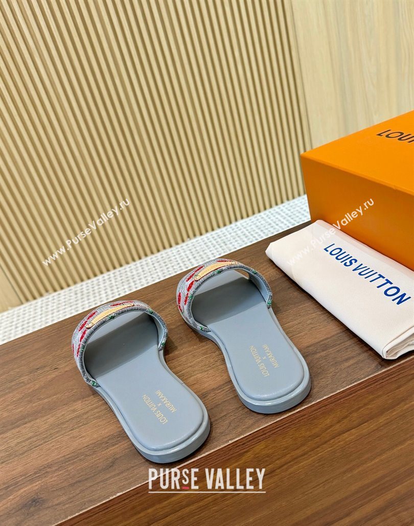 Louis Vuitton LV x TM Lily Flat Slides Sandal in Denim with Luscious Cherry Grey 2025 0607 (MD-250607033)