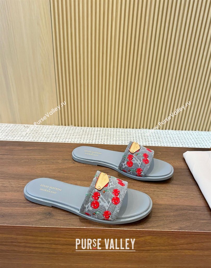 Louis Vuitton LV x TM Lily Flat Slides Sandal in Denim with Luscious Cherry Grey 2025 0607 (MD-250607033)