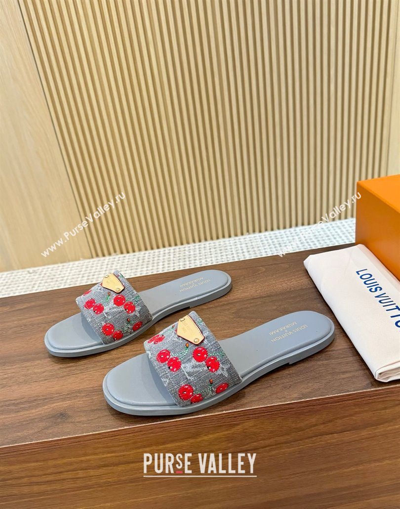 Louis Vuitton LV x TM Lily Flat Slides Sandal in Denim with Luscious Cherry Grey 2025 0607 (MD-250607033)