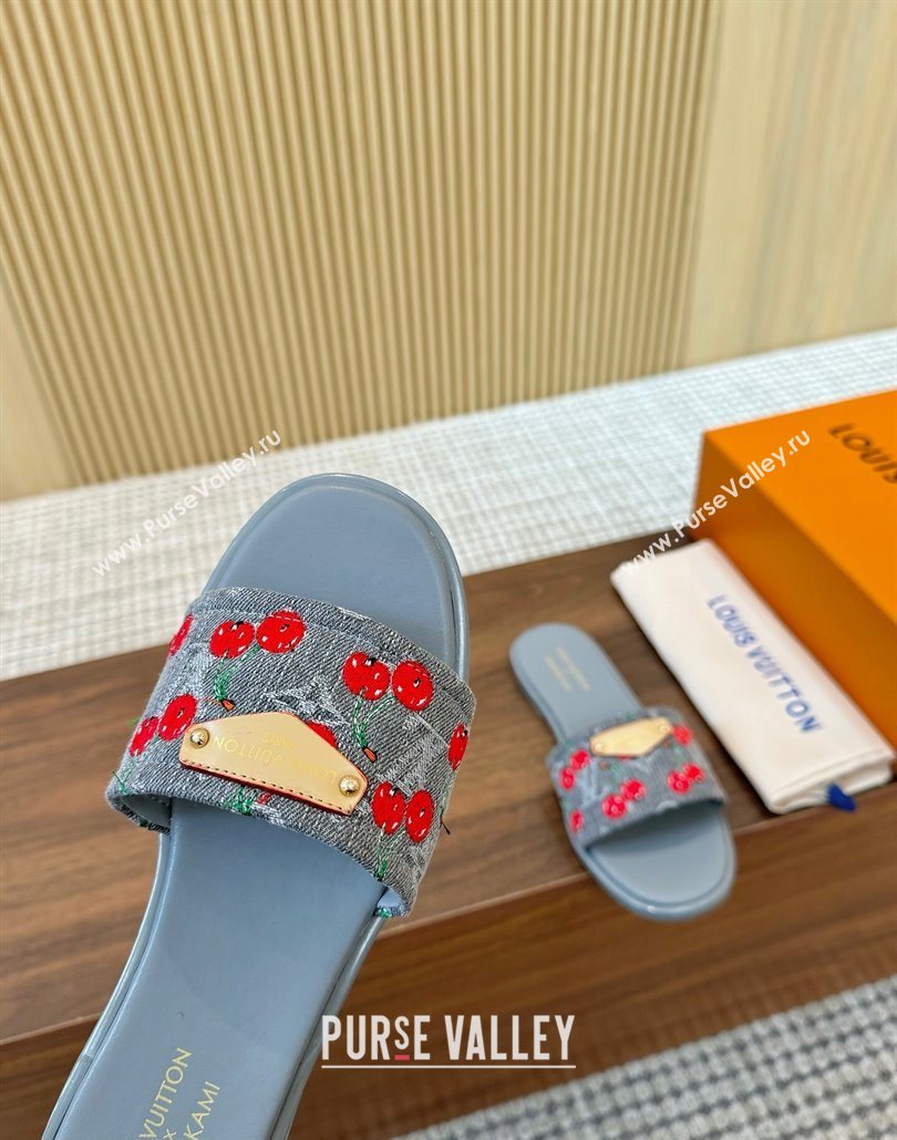 Louis Vuitton LV x TM Lily Flat Slides Sandal in Denim with Luscious Cherry Grey 2025 0607 (MD-250607033)