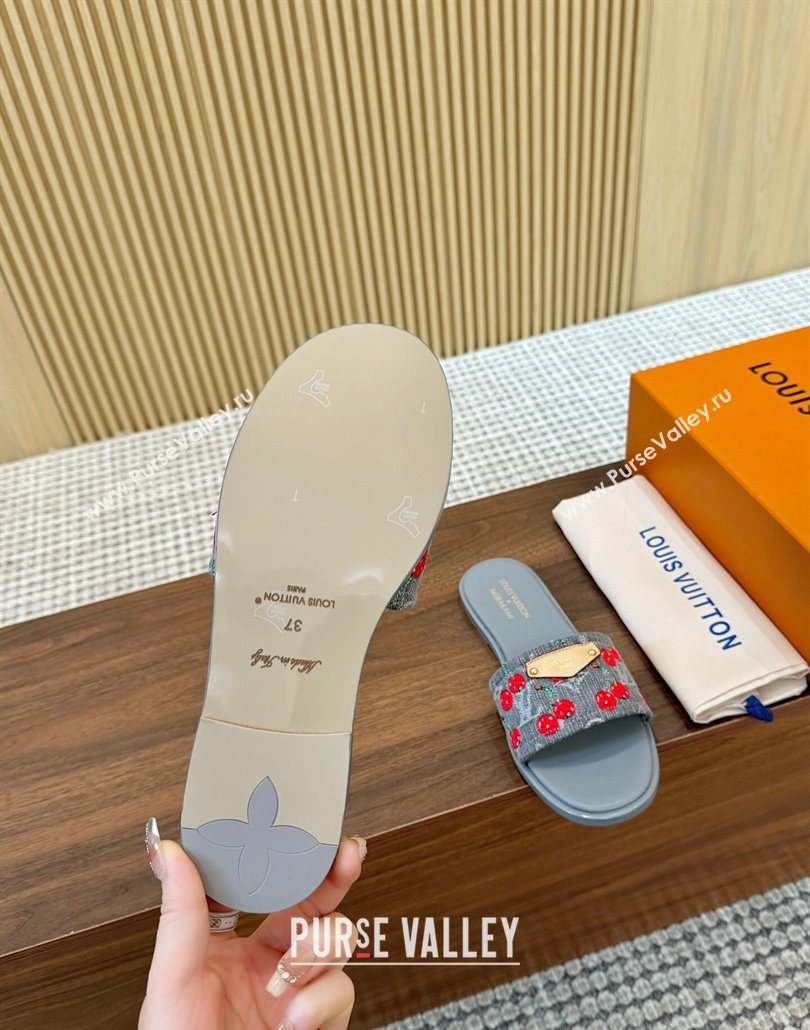 Louis Vuitton LV x TM Lily Flat Slides Sandal in Denim with Luscious Cherry Grey 2025 0607 (MD-250607033)