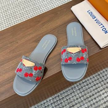 Louis Vuitton LV x TM Lily Flat Slides Sandal in Denim with Luscious Cherry Grey 2025 0607 (MD-250607033)