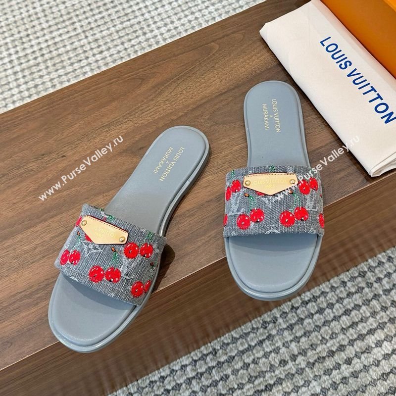 Louis Vuitton LV x TM Lily Flat Slides Sandal in Denim with Luscious Cherry Grey 2025 0607 (MD-250607033)