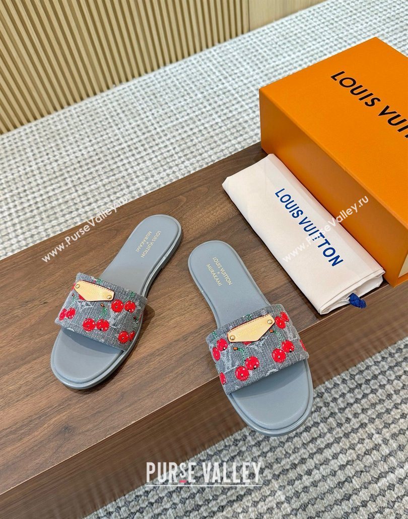 Louis Vuitton LV x TM Lily Flat Slides Sandal in Denim with Luscious Cherry Grey 2025 0607 (MD-250607033)