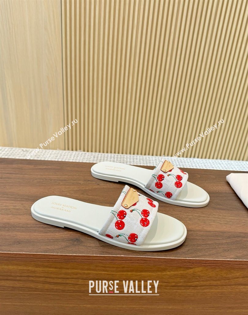 Louis Vuitton LV x TM Lily Flat Slides Sandal in Denim with Luscious Cherry White 2025 0607 (MD-250607034)