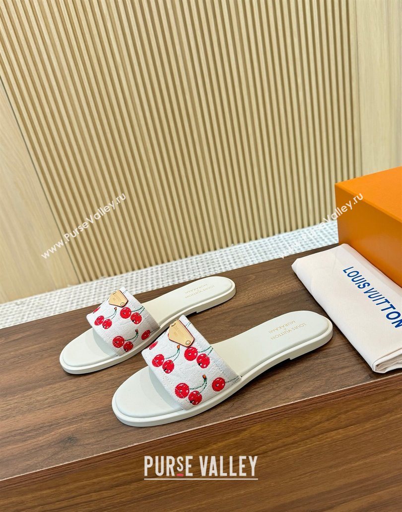 Louis Vuitton LV x TM Lily Flat Slides Sandal in Denim with Luscious Cherry White 2025 0607 (MD-250607034)