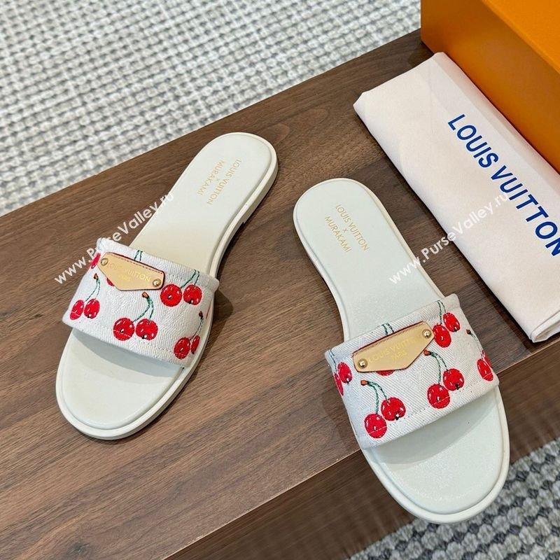 Louis Vuitton LV x TM Lily Flat Slides Sandal in Denim with Luscious Cherry White 2025 0607 (MD-250607034)