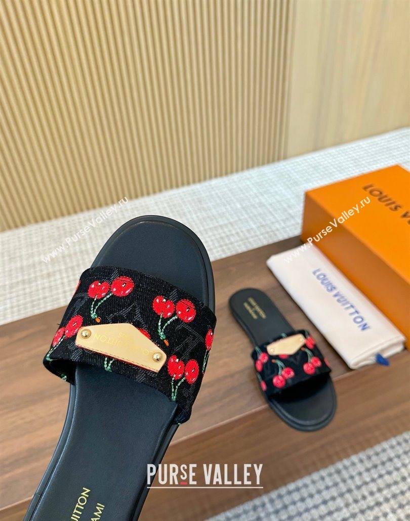 Louis Vuitton LV x TM Lily Flat Slides Sandal in Denim with Luscious Cherry Black 2025 0607 (MD-250607035)