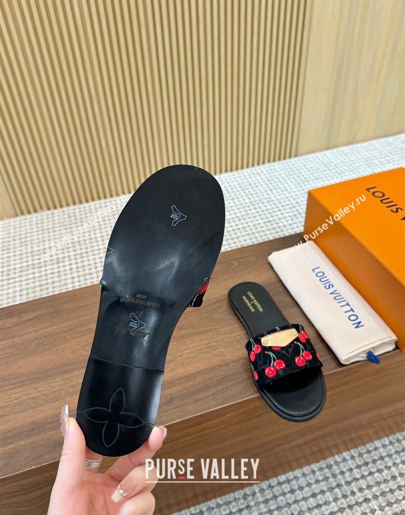 Louis Vuitton LV x TM Lily Flat Slides Sandal in Denim with Luscious Cherry Black 2025 0607 (MD-250607035)