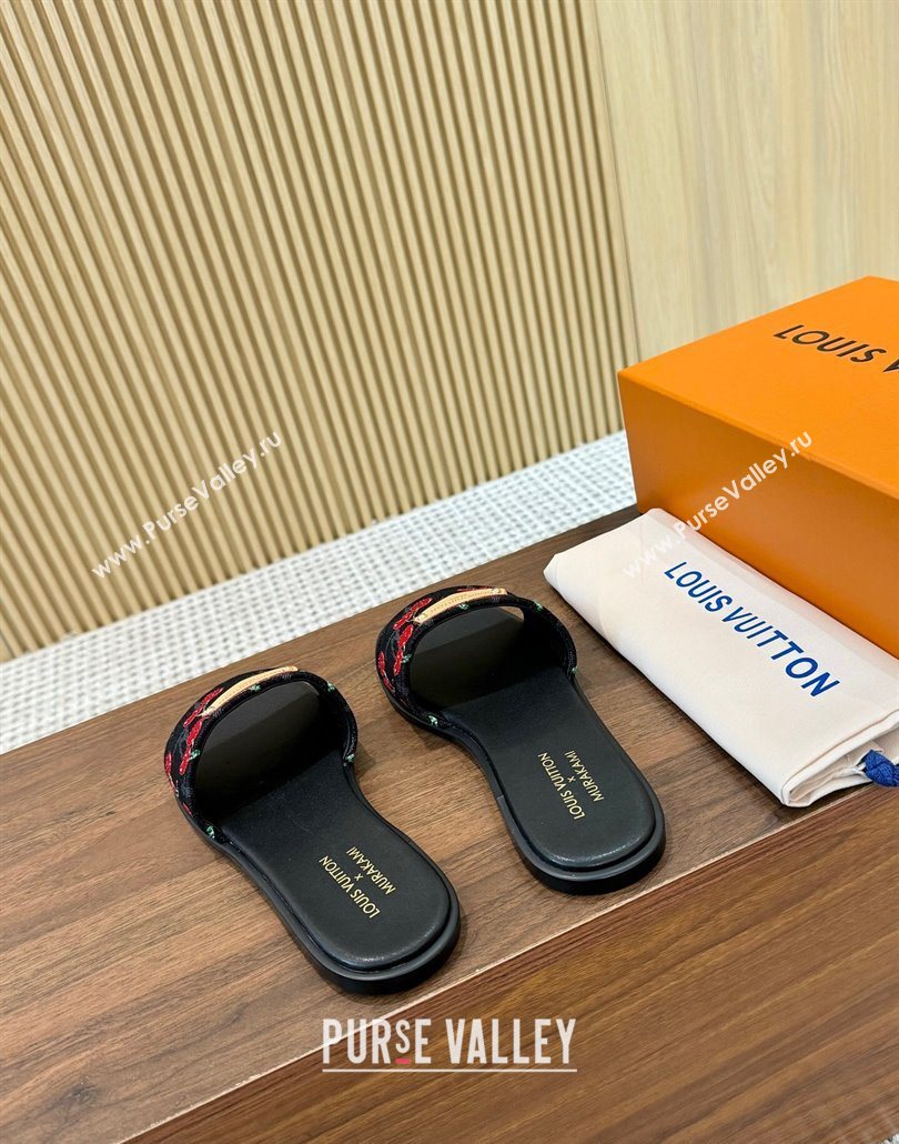 Louis Vuitton LV x TM Lily Flat Slides Sandal in Denim with Luscious Cherry Black 2025 0607 (MD-250607035)
