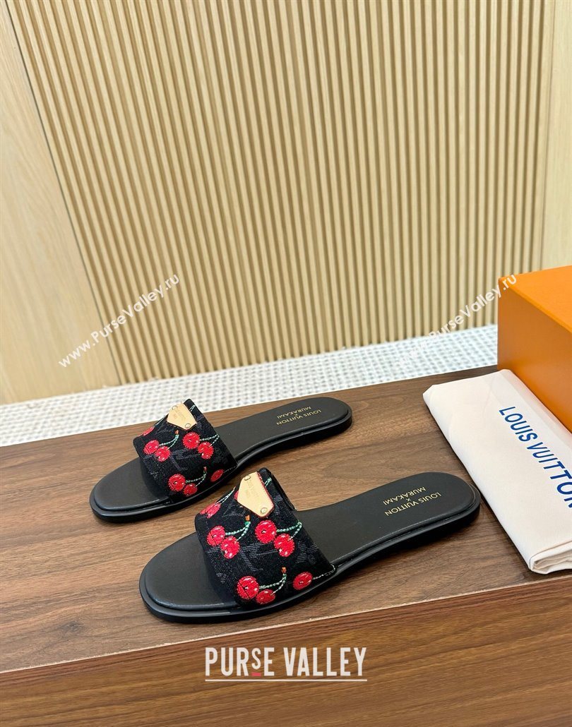 Louis Vuitton LV x TM Lily Flat Slides Sandal in Denim with Luscious Cherry Black 2025 0607 (MD-250607035)