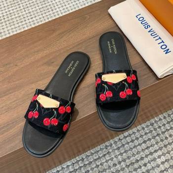 Louis Vuitton LV x TM Lily Flat Slides Sandal in Denim with Luscious Cherry Black 2025 0607 (MD-250607035)