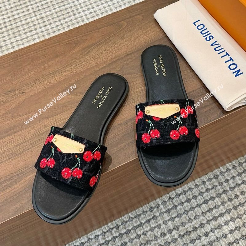 Louis Vuitton LV x TM Lily Flat Slides Sandal in Denim with Luscious Cherry Black 2025 0607 (MD-250607035)