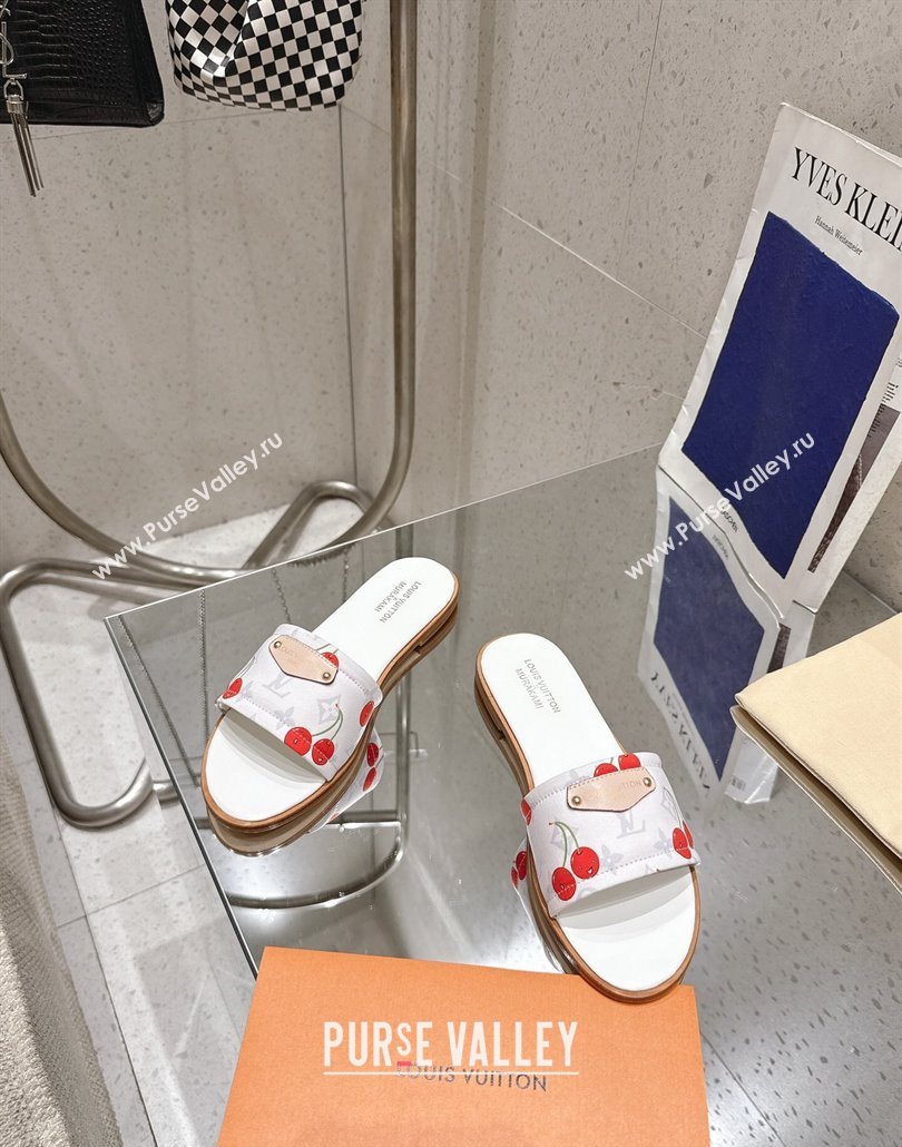 Louis Vuitton LV x TM Lily Flat Slides Sandal in Calfskin with Luscious Cherry White 2025 0607 (MD-250607036)