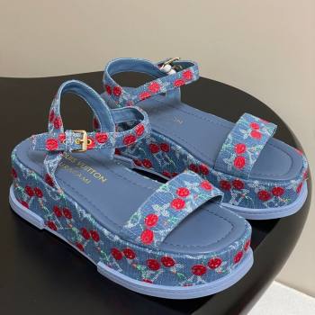 Louis Vuitton LV x TM Maya Platform Sandals 5cm in Blue Denim with Luscious Cherry 2025 (MD-250607022)