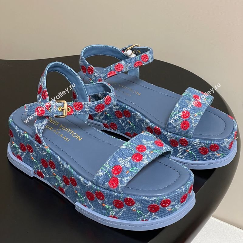 Louis Vuitton LV x TM Maya Platform Sandals 5cm in Blue Denim with Luscious Cherry 2025 (MD-250607022)