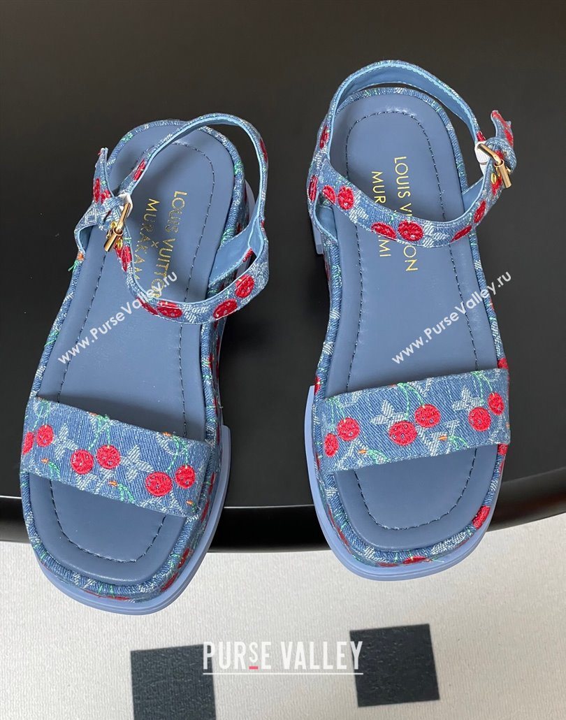 Louis Vuitton LV x TM Maya Platform Sandals 5cm in Blue Denim with Luscious Cherry 2025 (MD-250607022)
