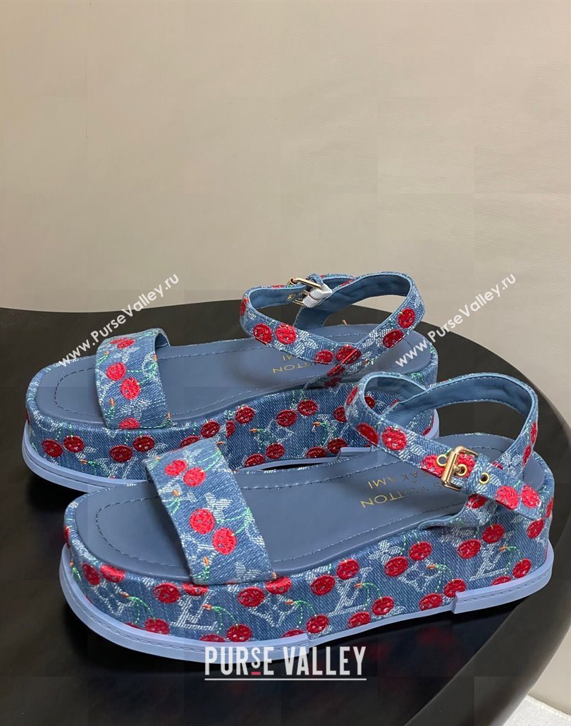 Louis Vuitton LV x TM Maya Platform Sandals 5cm in Blue Denim with Luscious Cherry 2025 (MD-250607022)