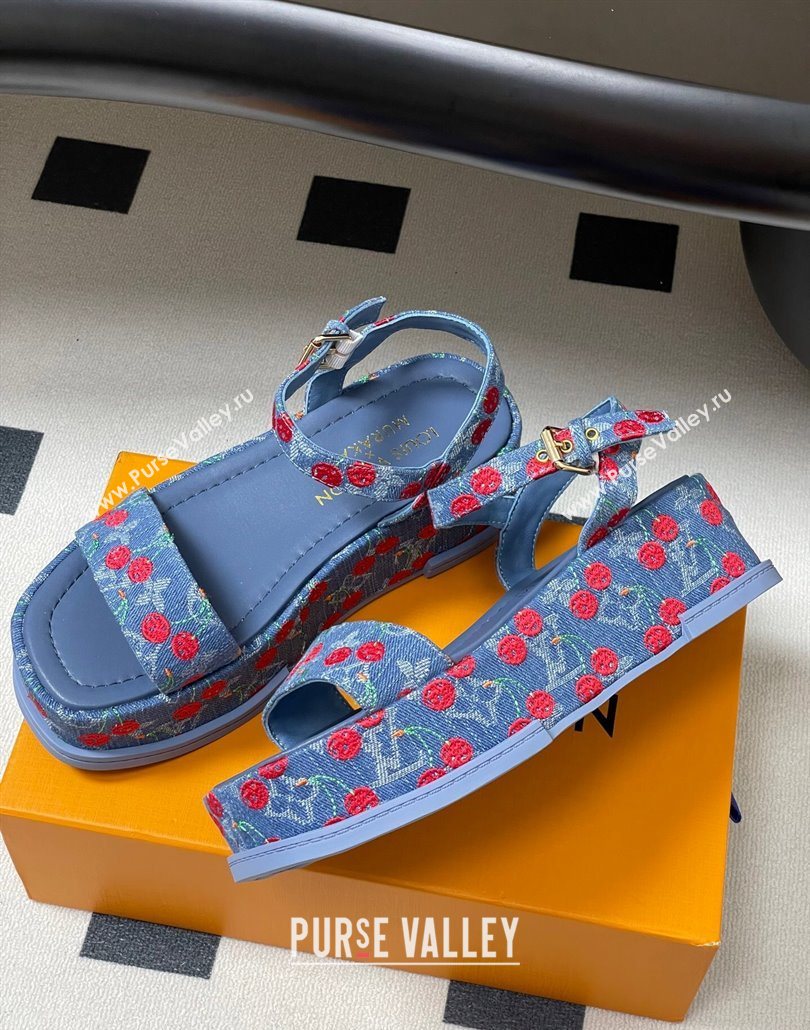 Louis Vuitton LV x TM Maya Platform Sandals 5cm in Blue Denim with Luscious Cherry 2025 (MD-250607022)