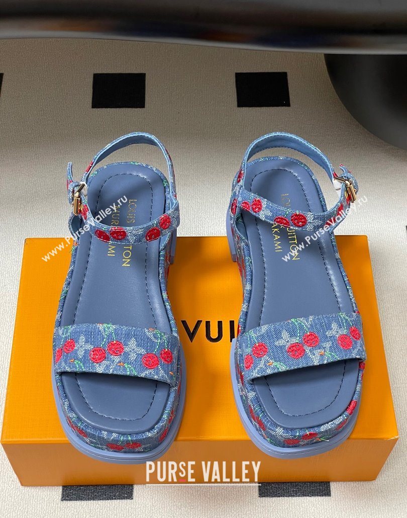 Louis Vuitton LV x TM Maya Platform Sandals 5cm in Blue Denim with Luscious Cherry 2025 (MD-250607022)