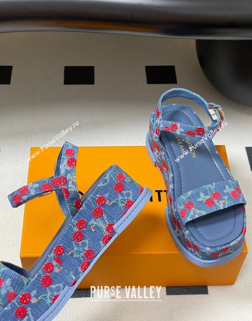 Louis Vuitton LV x TM Maya Platform Sandals 5cm in Blue Denim with Luscious Cherry 2025 (MD-250607022)