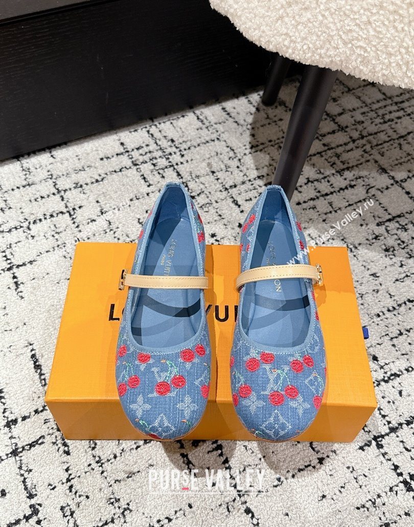 Louis Vuitton LV x TM Romy Flat Ballerinas in Light Blue Denim with Luscious Cherry 2025 (MD-250607023)
