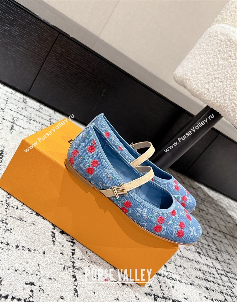 Louis Vuitton LV x TM Romy Flat Ballerinas in Light Blue Denim with Luscious Cherry 2025 (MD-250607023)