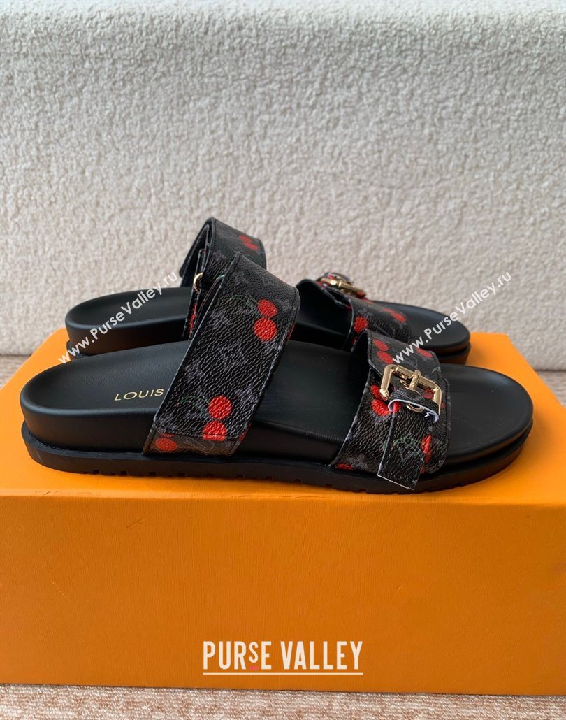 Louis Vuitton LV x TM Bom Dia Flat Comfort Slides Sandal in Leather with Luscious Cherry Black 2025 (MD-250607026)