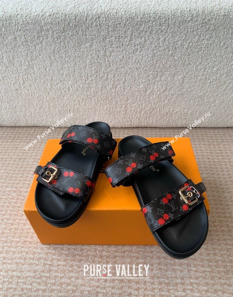 Louis Vuitton LV x TM Bom Dia Flat Comfort Slides Sandal in Leather with Luscious Cherry Black 2025 (MD-250607026)