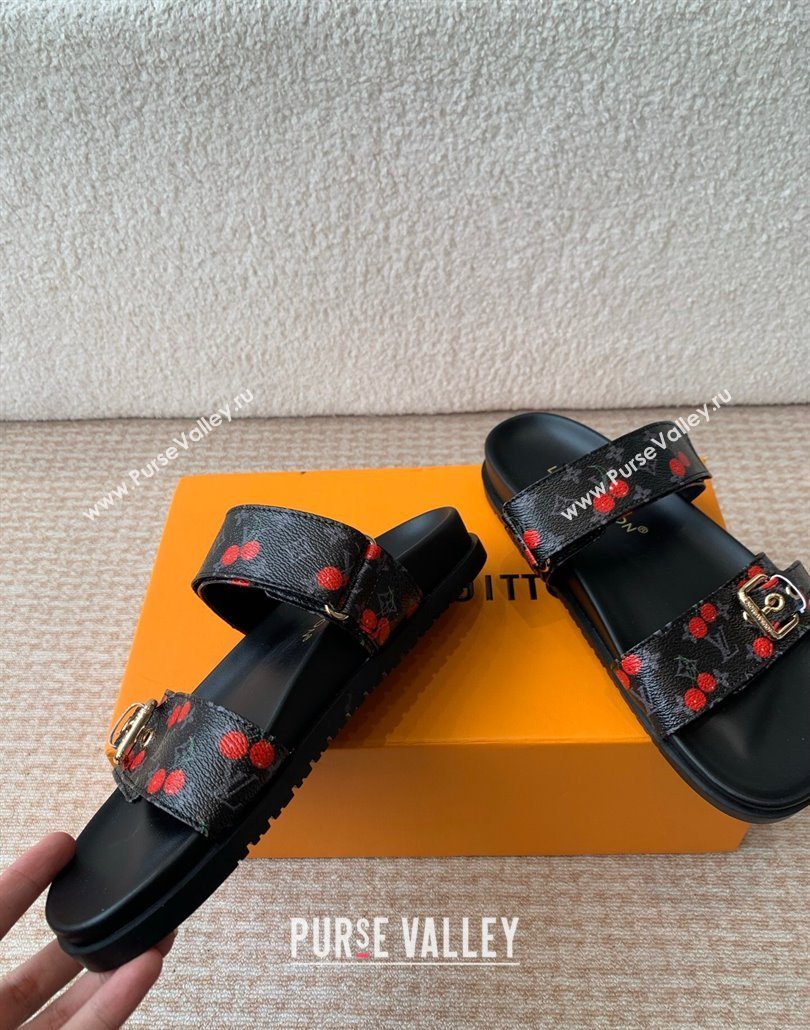 Louis Vuitton LV x TM Bom Dia Flat Comfort Slides Sandal in Leather with Luscious Cherry Black 2025 (MD-250607026)
