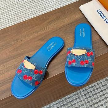 Louis Vuitton LV x TM Lily Flat Slides Sandal in Denim with Luscious Cherry Light Blue 2025 0607 (MD-250607029)
