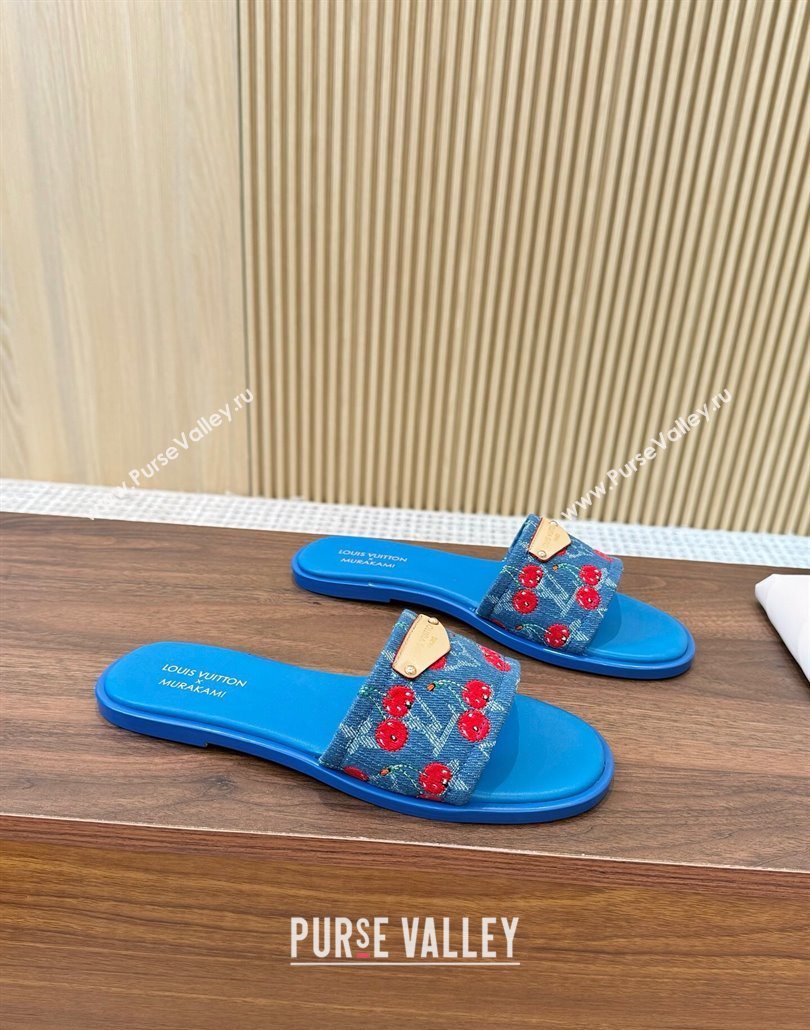 Louis Vuitton LV x TM Lily Flat Slides Sandal in Denim with Luscious Cherry Light Blue 2025 0607 (MD-250607029)