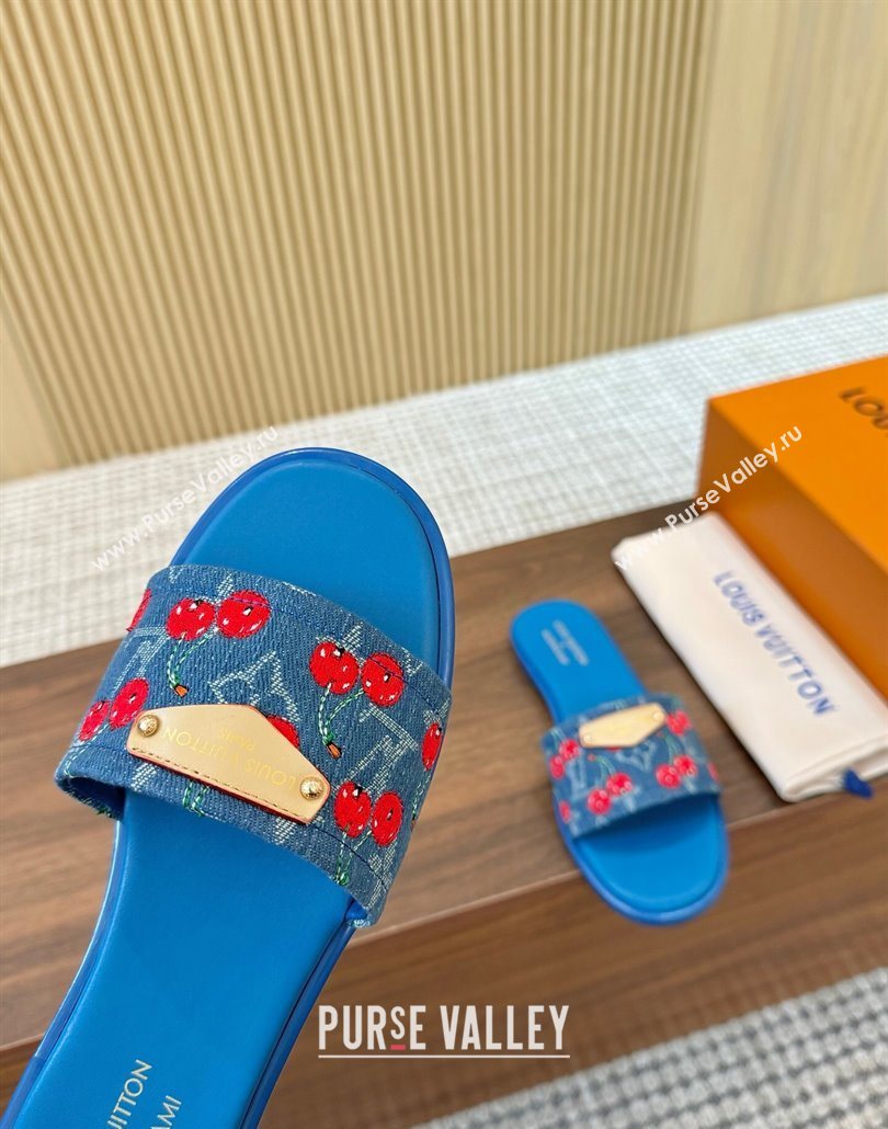 Louis Vuitton LV x TM Lily Flat Slides Sandal in Denim with Luscious Cherry Light Blue 2025 0607 (MD-250607029)