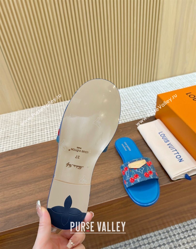 Louis Vuitton LV x TM Lily Flat Slides Sandal in Denim with Luscious Cherry Light Blue 2025 0607 (MD-250607029)