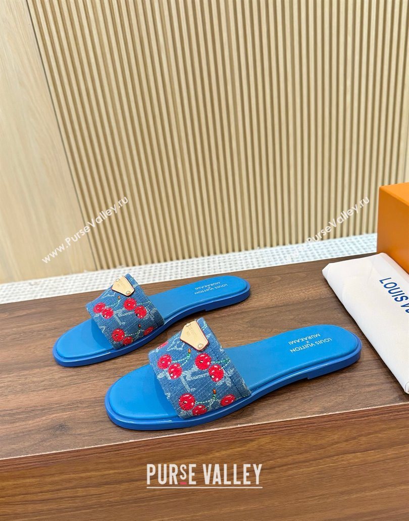 Louis Vuitton LV x TM Lily Flat Slides Sandal in Denim with Luscious Cherry Light Blue 2025 0607 (MD-250607029)