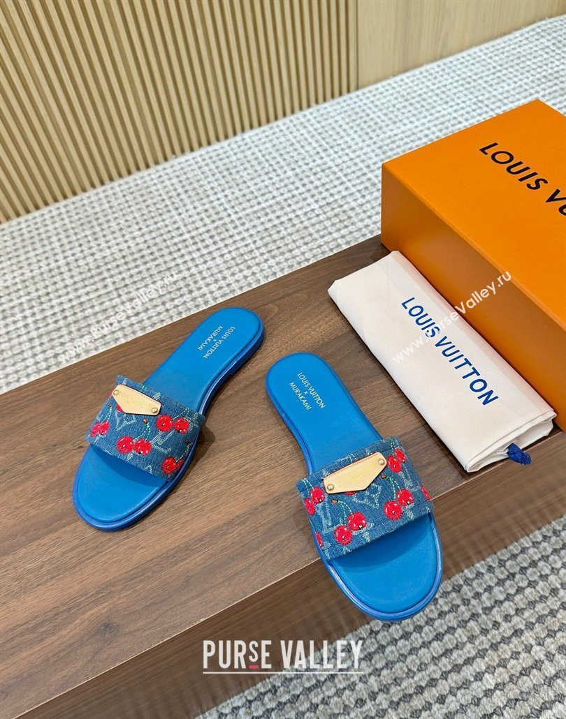 Louis Vuitton LV x TM Lily Flat Slides Sandal in Denim with Luscious Cherry Light Blue 2025 0607 (MD-250607029)