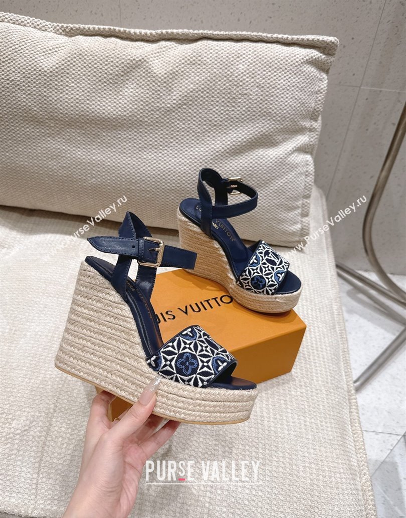 Louis Vuitton Helios Wedge Espadrille Sandals 11cm in Monogram Jacquard Navy Blue 2025 0609 (MD-250609047)