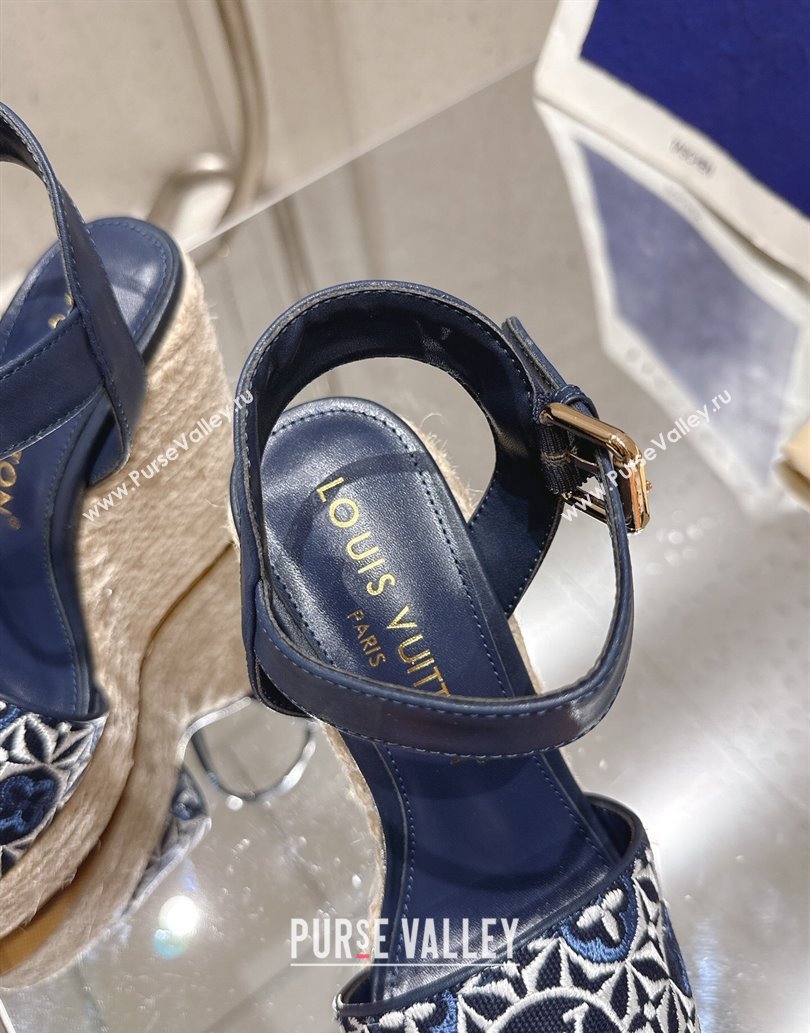 Louis Vuitton Helios Wedge Espadrille Sandals 11cm in Monogram Jacquard Navy Blue 2025 0609 (MD-250609047)