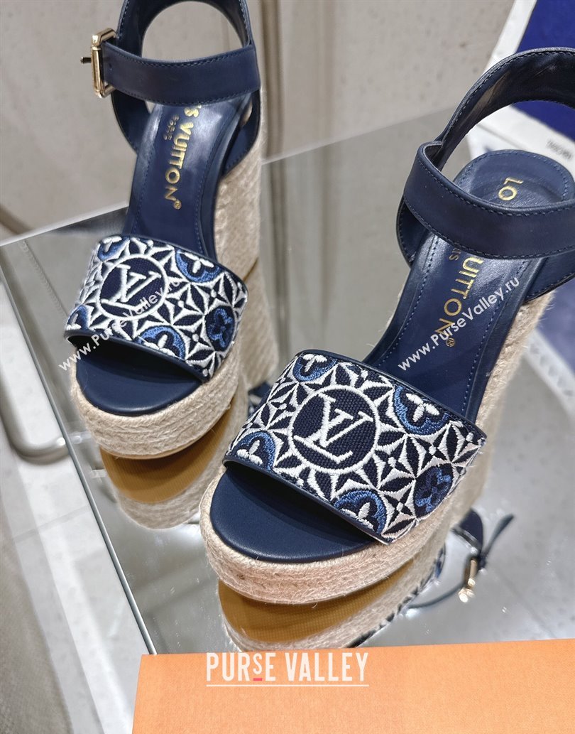 Louis Vuitton Helios Wedge Espadrille Sandals 11cm in Monogram Jacquard Navy Blue 2025 0609 (MD-250609047)
