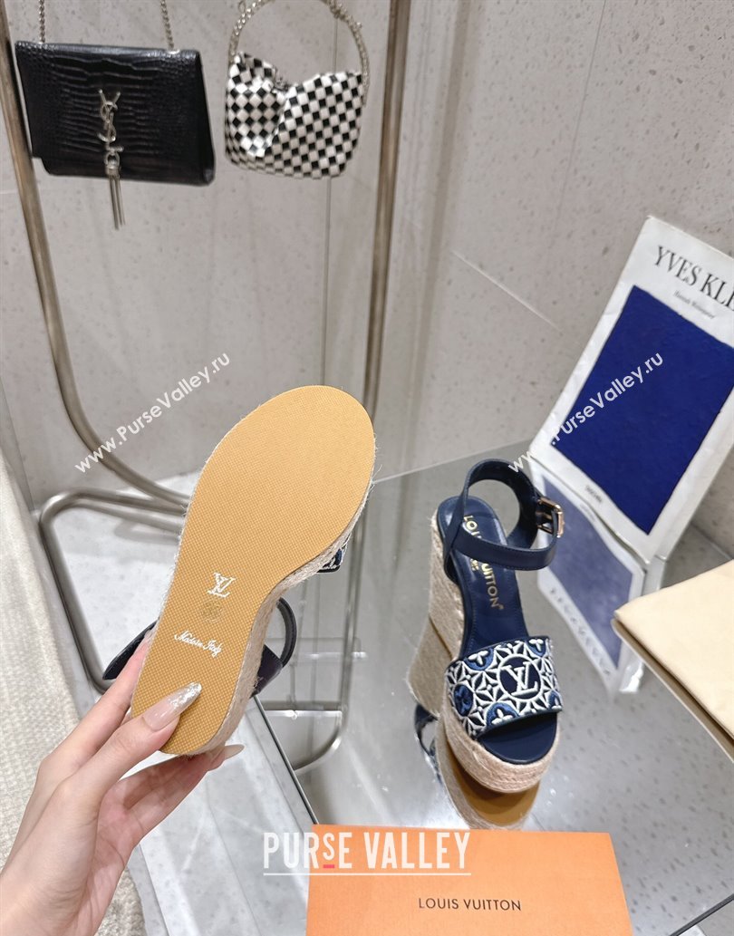 Louis Vuitton Helios Wedge Espadrille Sandals 11cm in Monogram Jacquard Navy Blue 2025 0609 (MD-250609047)
