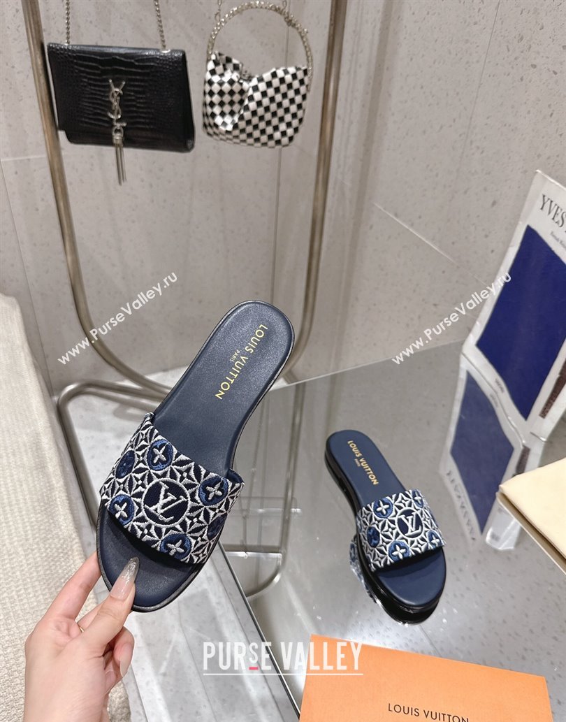 Louis Vuitton Flat Slides Sandal in Monogram Jacquard Navy Blue 2025 0609 (MD-250609049)