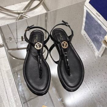 Louis Vuitton Sunkiss Flat Thong Sandals Patent Leather Black 2025 1AHKU7 (MD-250609039)