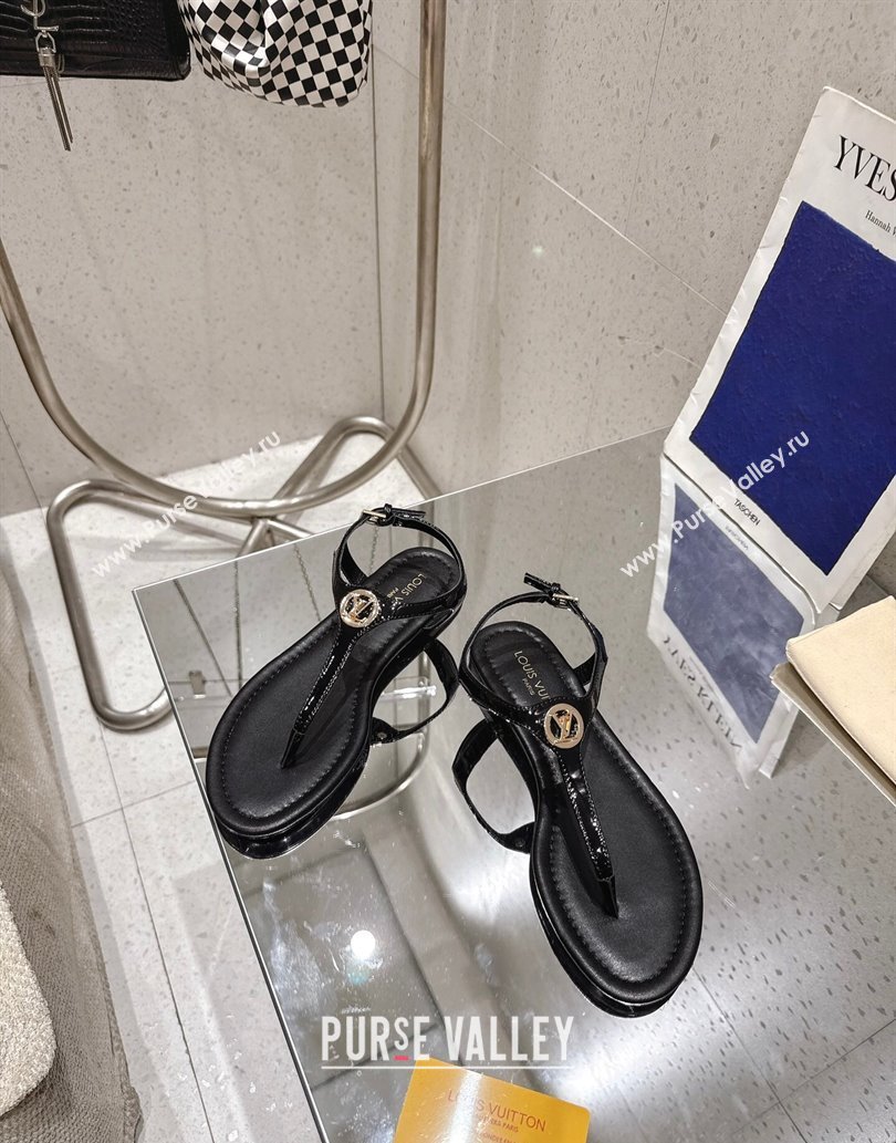 Louis Vuitton Sunkiss Flat Thong Sandals Patent Leather Black 2025 1AHKU7 (MD-250609039)