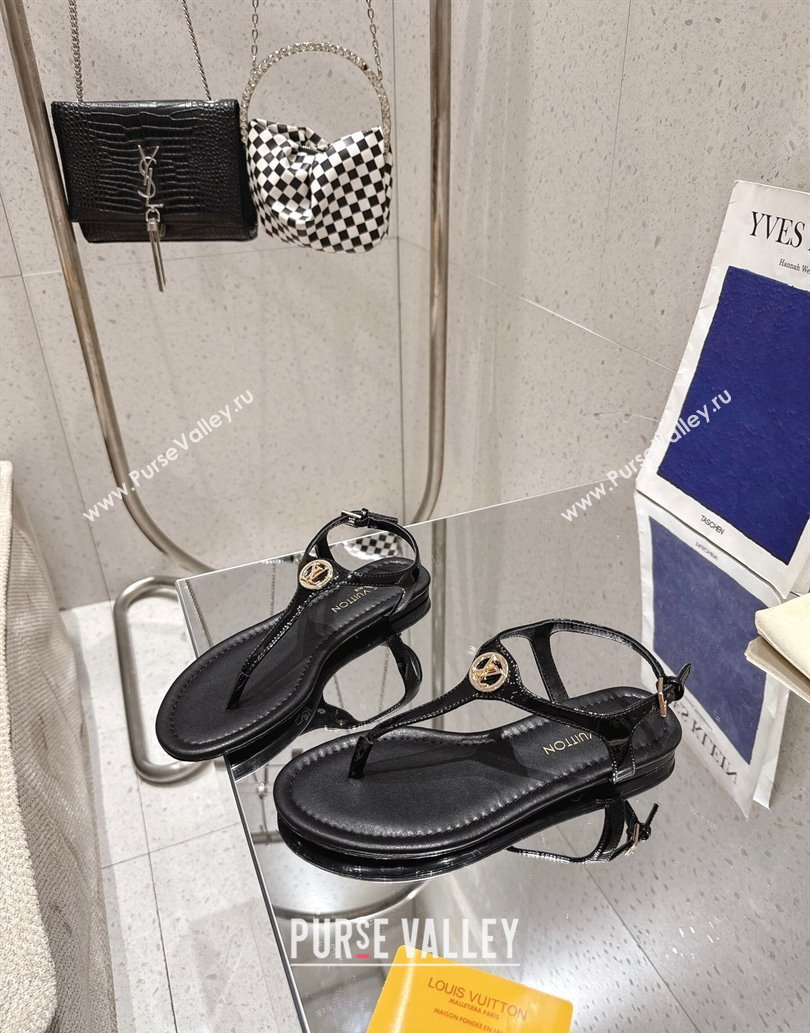 Louis Vuitton Sunkiss Flat Thong Sandals Patent Leather Black 2025 1AHKU7 (MD-250609039)