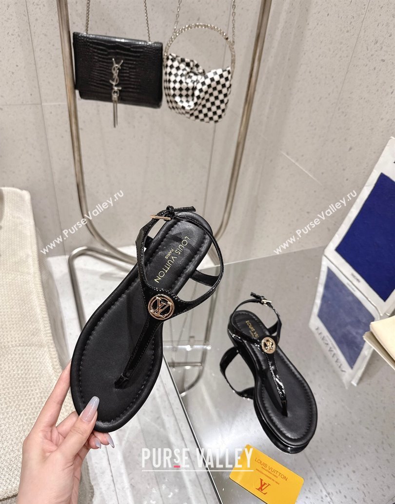 Louis Vuitton Sunkiss Flat Thong Sandals Patent Leather Black 2025 1AHKU7 (MD-250609039)