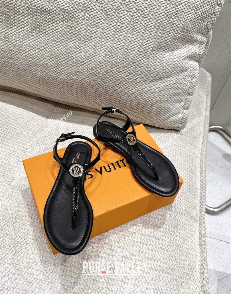 Louis Vuitton Sunkiss Flat Thong Sandals Patent Leather Black 2025 1AHKU7 (MD-250609039)
